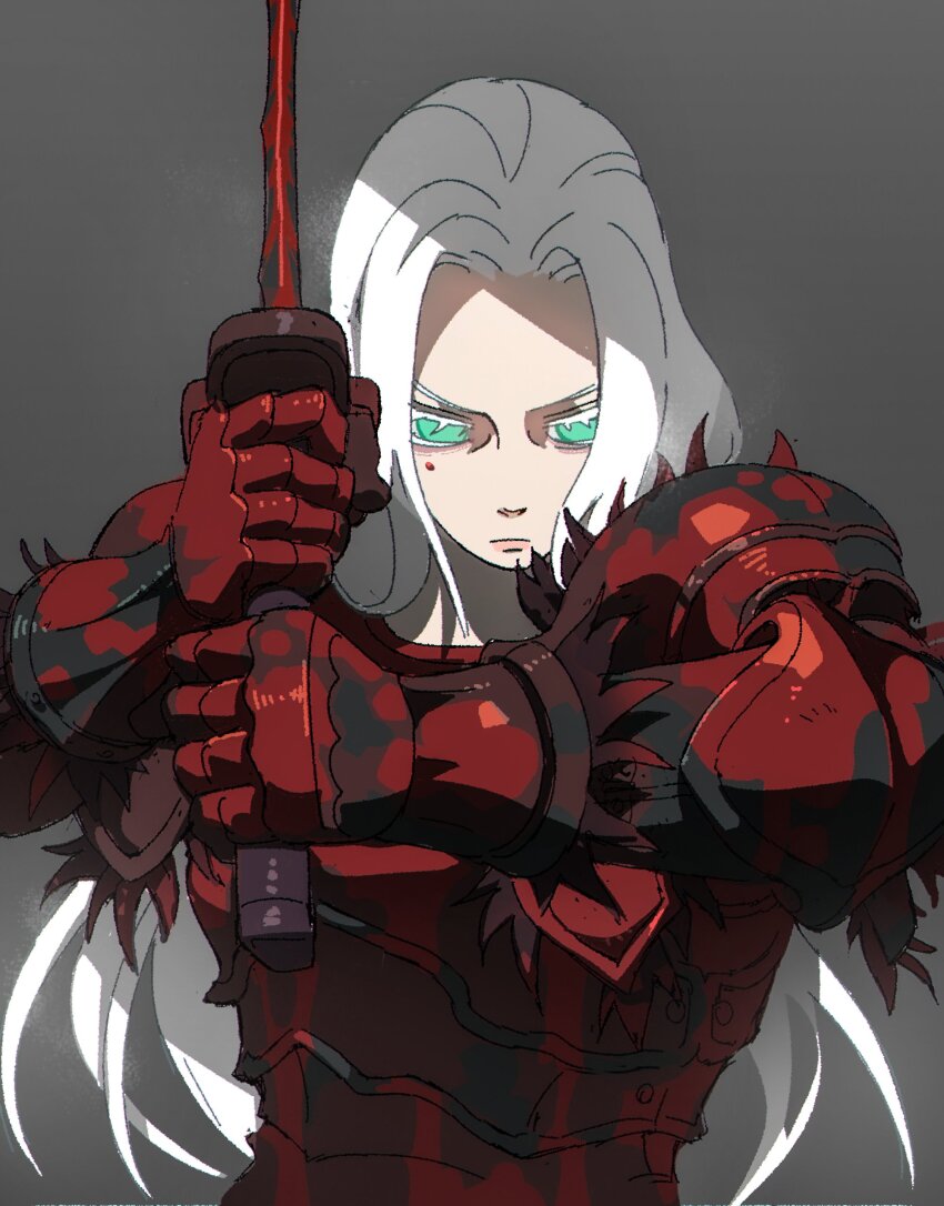 1girl, absurdres, aisendraw, armor, blood, blood_on_face, breastplate, closed_mouth, elden_ring, elden_ring:_shadow_of_the_erdtree, fur-trimmed_armor, fur_trim, gauntlets, green_eyes, grey_background, highres, holding, holding_sword, holding_weapon, long_hair, looking_at_viewer, missing_headwear, rakshasa_(elden_ring), shoulder_armor, solo, sword, two-handed, upper_body, weapon, white_hair