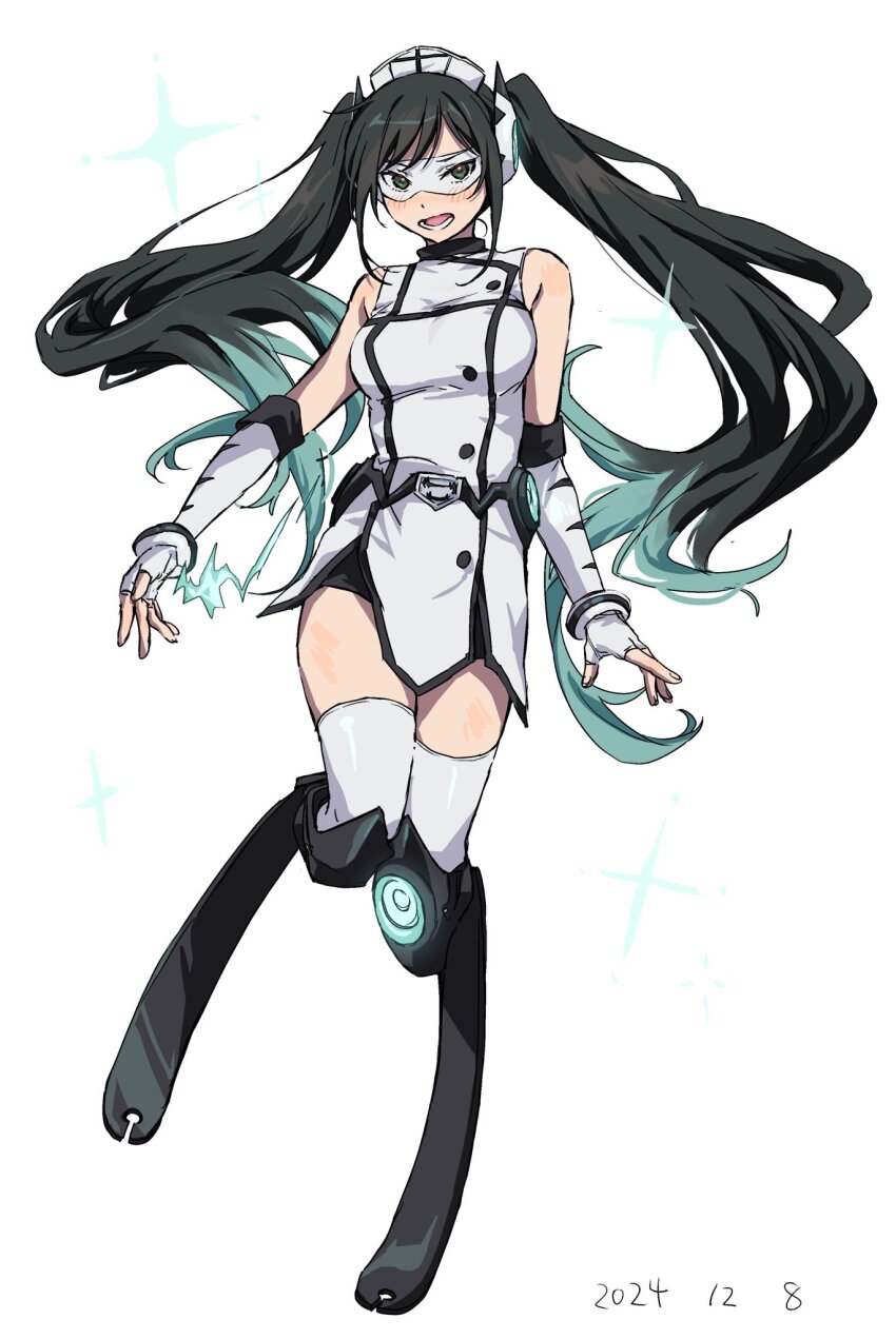 1girl, amputee, bare_shoulders, black_hair, blush, breasts, colored_tips, dress