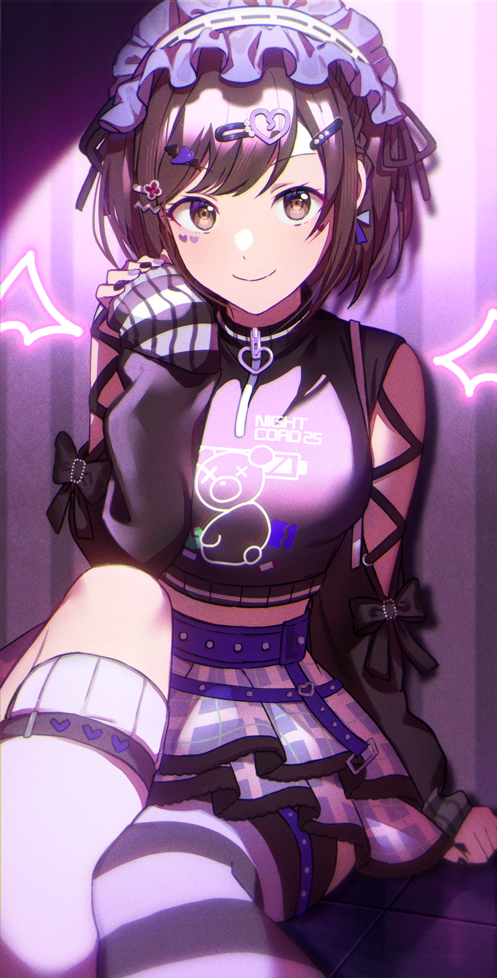 1girl, asymmetrical_legwear, black_bow, black_shirt, bow, brown_eyes, brown_hair, closed_mouth