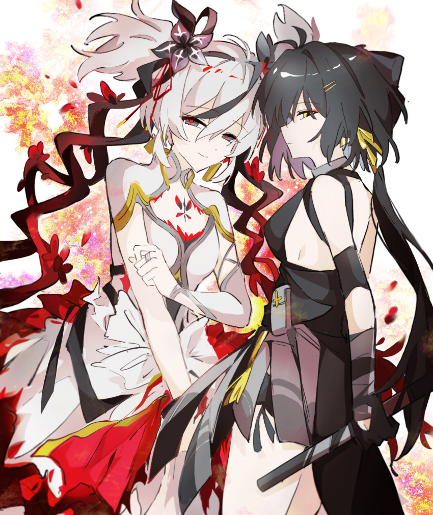 2girls, antenna_hair, armlet, bandaged_arm, bandages, bare_shoulders, black_bow, black_dress