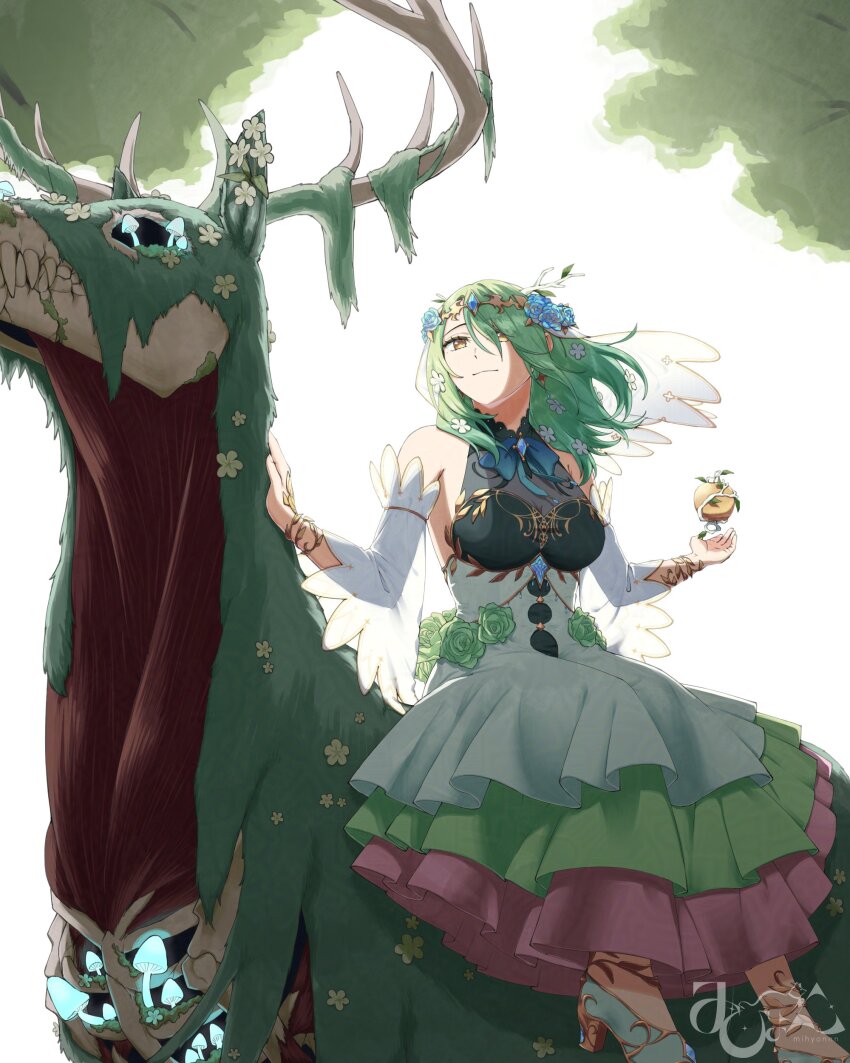1girl, absurdres, alternate_costume, antlers, apple, aqua_gem, asymmetrical_bangs, blue_flower