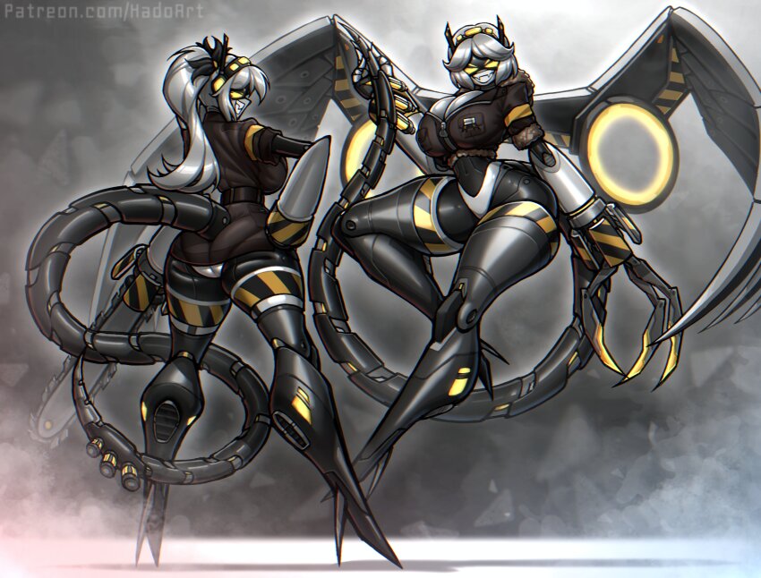 2girls, absurdres, android, armband, black_hairband, black_jacket, chainsaw, claw_(weapon), evil_grin, evil_smile, face_filter, fewer_digits, grey_hair, grin, hado_(zzzhadozzz), hairband, highres, humanoid_robot, j_(murder_drones), jacket, joints, long_hair, looking_at_viewer, machine, mechanical_arms, mechanical_tail, mechanical_wings, multiple_girls, murder_drones, orange_armband, redesign, robot, robot_girl, robot_joints, screen, short-sleeved_jacket, short_hair, short_sleeves, skirt, smile, tail, tuxedo_shirt, twintails, v_(murder_drones), weapon, white_hair, wings, yellow_armband, yellow_eyes