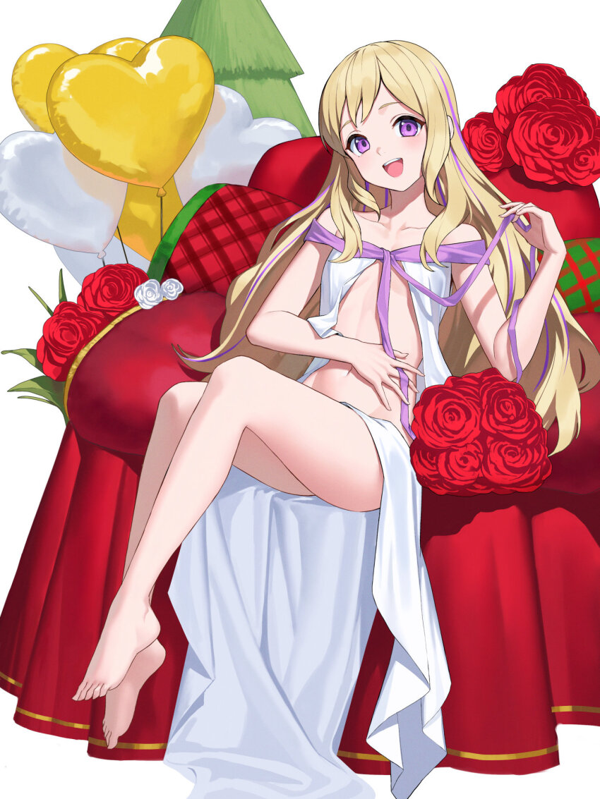 1girl, alternate_costume, alternate_hairstyle, balloon, bare_legs, barefoot, chair, commission