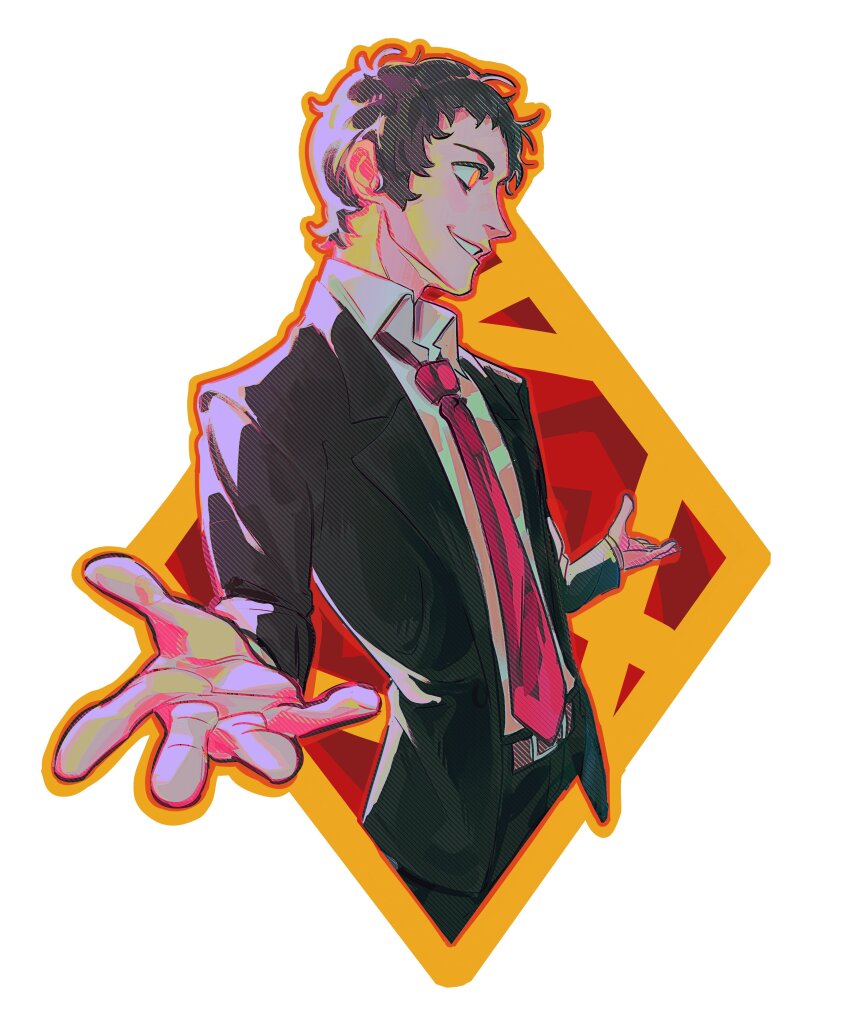 absurdres, adachi_tooru, belt, belt_buckle, black_pants, black_suit, brown_belt, brown_hair