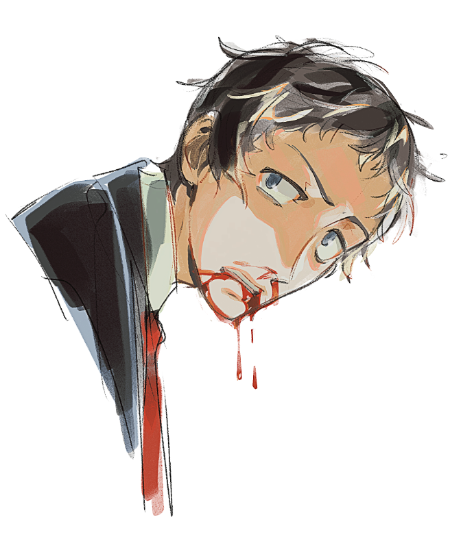 1boy, adachi_tooru, black_jacket, blood, blood_from_mouth, blood_on_face, brown_hair, clenched_teeth