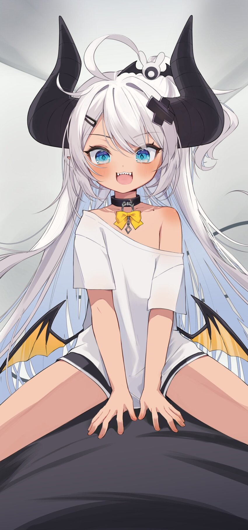 1girl, absurdres, ahoge, asagawa_mikan, asagawa_mikan_(peachy_michi), bat_wings, blue_eyes, blush