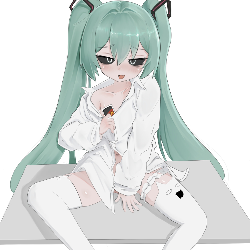 1girl, absurdres, aqua_hair, bags_under_eyes, black_sclera, black_straps, borrowed_clothes, card, colored_sclera, drooling, flat_chest, hatsune_miku, highres, holding, holding_card, loli, looking_at_viewer, mesugaki, mimukauwa_nice_try_(vocaloid), miraidave, mouth_drool, naked_shirt, no_bra, no_panties, shirt, simple_background, thighhighs, thighs, twintails, uno_(game), vocaloid, white_background, white_shirt, white_thighhighs