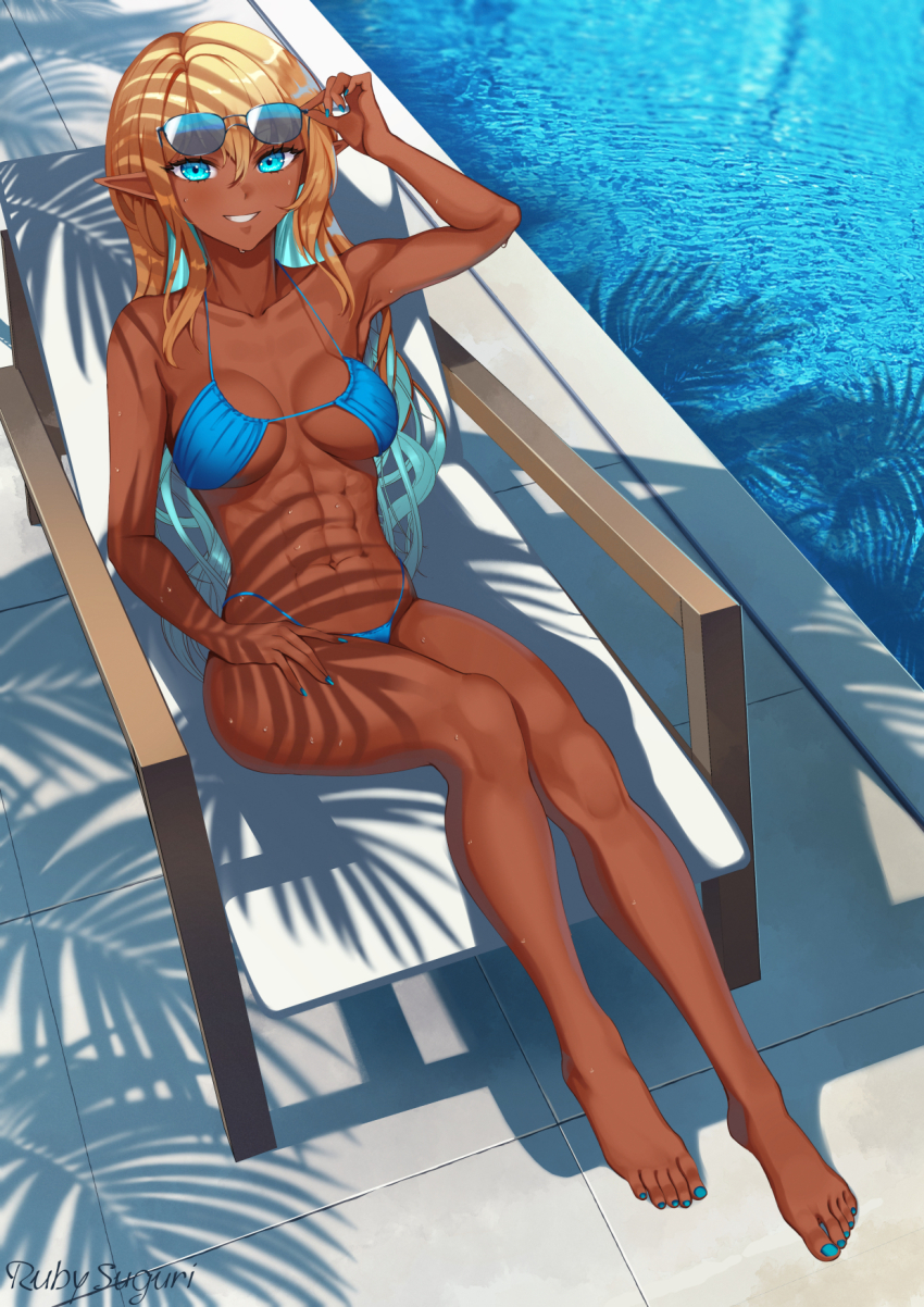 1girl, abs, aqua-tinted_eyewear, aqua_bikini, aqua_eyes, aqua_nails, bare_legs, barefoot