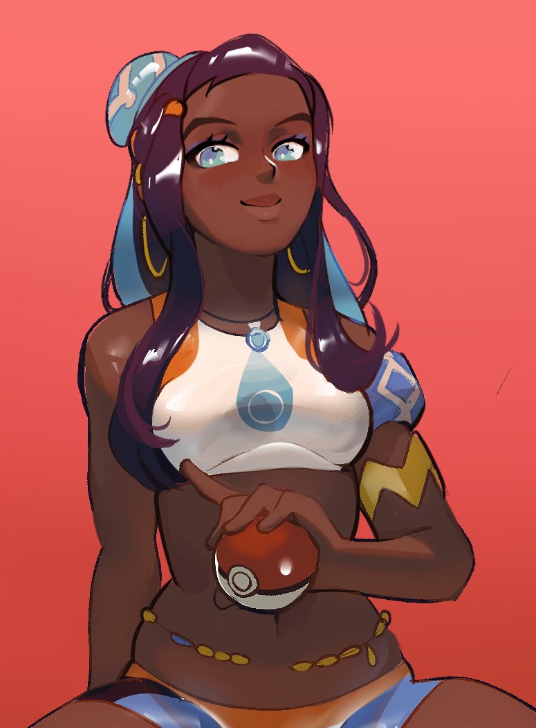 1girl, alternate_skin_color, aqua_eyes, armlet, bare_shoulders, belly_chain, bike_shorts, black_hair, blue_hair, blue_shorts, breasts, closed_mouth, commentary, crop_top, dark-skinned_female, dark_skin, derivative_work, earrings, english_commentary, eyeshadow, guarimbasmrd, hair_bun, holding, holding_poke_ball, hoop_earrings, jewelry, long_hair, looking_at_viewer, makeup, medium_breasts, multicolored_hair, multicolored_shorts, navel, necklace, nessa_(pokemon), nintendo, orange_shorts, poke_ball, pokemon, pokemon_sword_and_shield, red_background, shorts, simple_background, single_hair_bun, smile, stomach, two-tone_hair