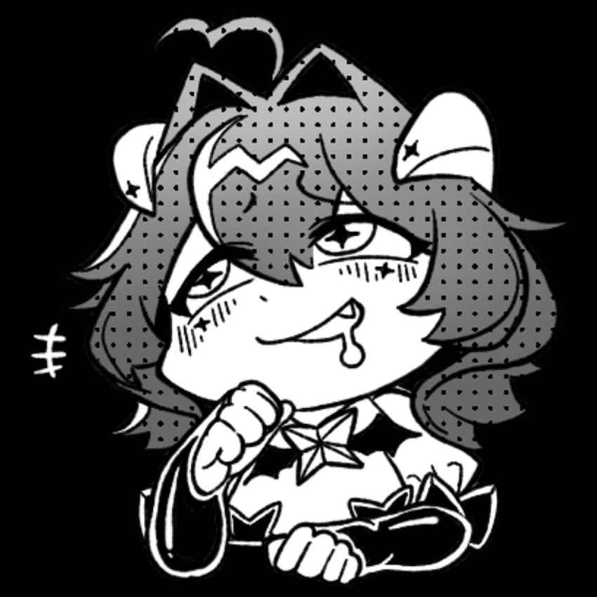 1girl, aliasing, black_background, blush_stickers, breasts, chibi, demon_horns, drooling, eyebrows_hidden_by_hair, facial_tattoo, fang, greyscale, guagua977, hair_between_eyes, hair_intakes, hashtag-only_commentary, heart_antennae, highres, horns, jpeg_artifacts, looking_up, mahou_shoujo_ni_akogarete, monochrome, mouth_drool, open_mouth, pasties, resized, shrug_(clothing), simple_background, small_breasts, smile, solo, star_(symbol), star_pasties, tattoo, upscaled