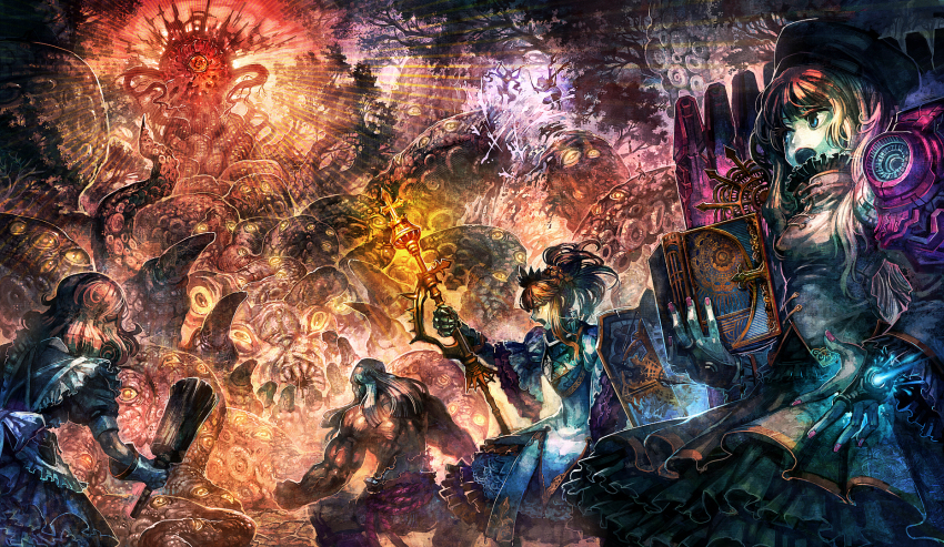 1boy, 3girls, abyssal_god, armor, atlus, battle, book, dress, eldritch_abomination, etrian_odyssey, eyeball, farmer_(sekaiju), farmer_4_(sekaiju), highres, monk_(sekaiju), monk_3_(sekaiju), monster, multiple_girls, nail_polish, princess_(sekaiju), scepter, sega, sekaiju_no_meikyuu, sekaiju_no_meikyuu_3, shinobi_(sekaiju), sovereign_(sekaiju), sovereign_2_(sekaiju), spoilers, sword, tentacles, tree, weapon, zodiac_(sekaiju), zodiac_4_(sekaiju), zounose