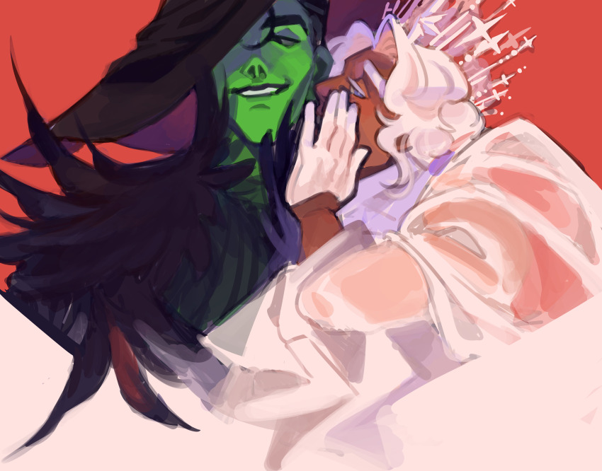 2boys, absurdres, black_dress, black_hat, blue_eyes, closed_eyes, colored_skin, dark-skinned_male