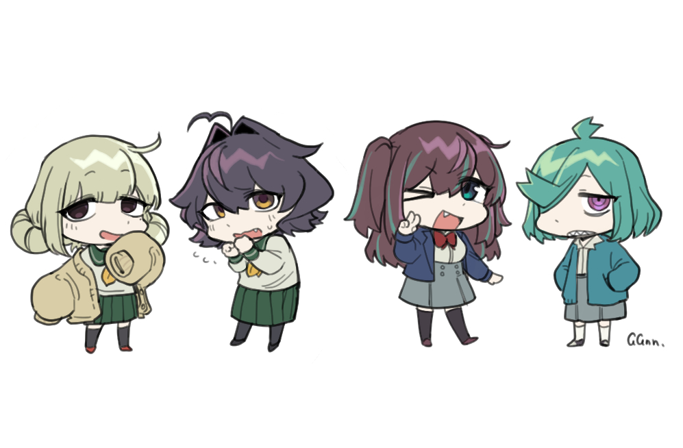 >_o, 4girls, ahoge, akoya_matama, anemo_nemo, antenna_hair, aqua_hair, araga_kiwi