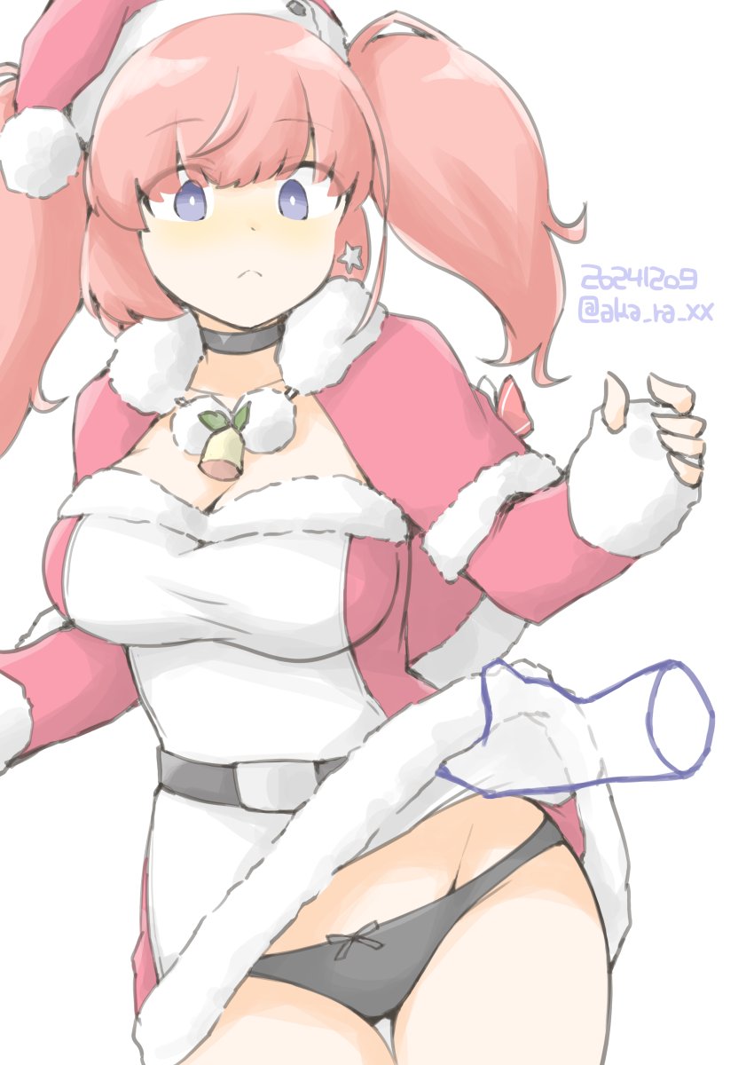 1girl, akara_kai, atlanta_(christmas)_(kancolle), atlanta_(kancolle), black_panties, breasts, brown_hair, capelet