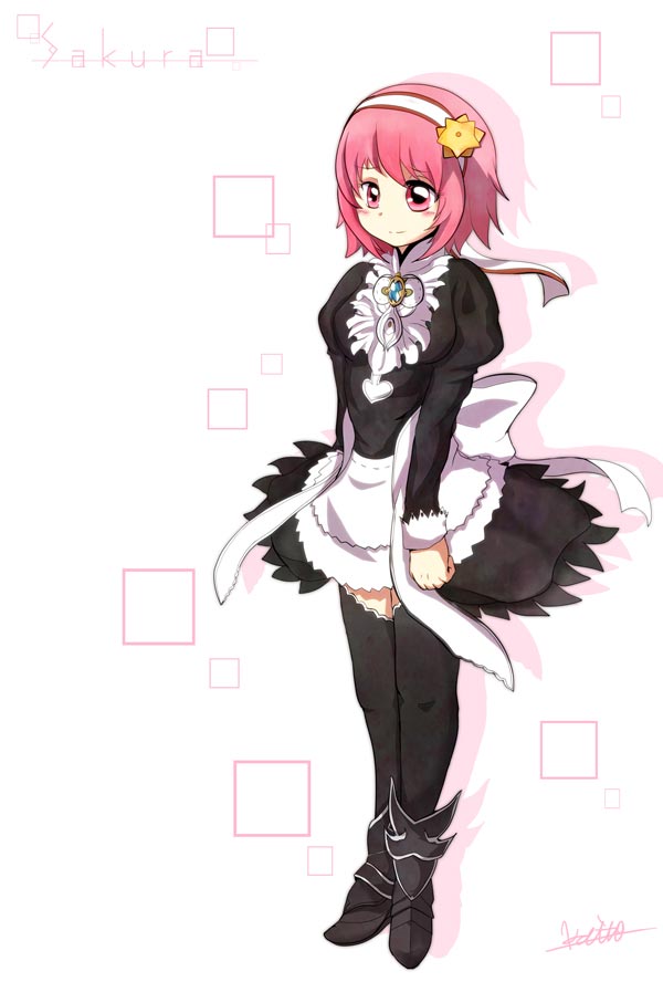 1girl, alternate_costume, apron, black_dress, black_thighhighs, brooch, cosplay, dress