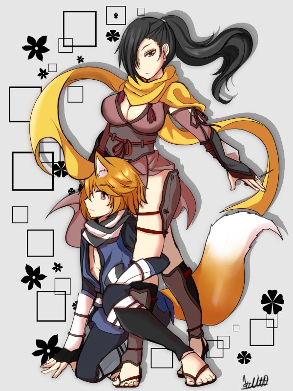 1boy, animal_ear_fluff, animal_ears, brown_eyes, brown_hair, couple, fire_emblem, fire_emblem_fates, fox_ears, fox_tail, hair_over_one_eye, hetero, irohanihoteto00, japanese_clothes, kaden_(fire_emblem), kagero_(fire_emblem), looking_at_viewer, ninja, nintendo, ponytail, tail