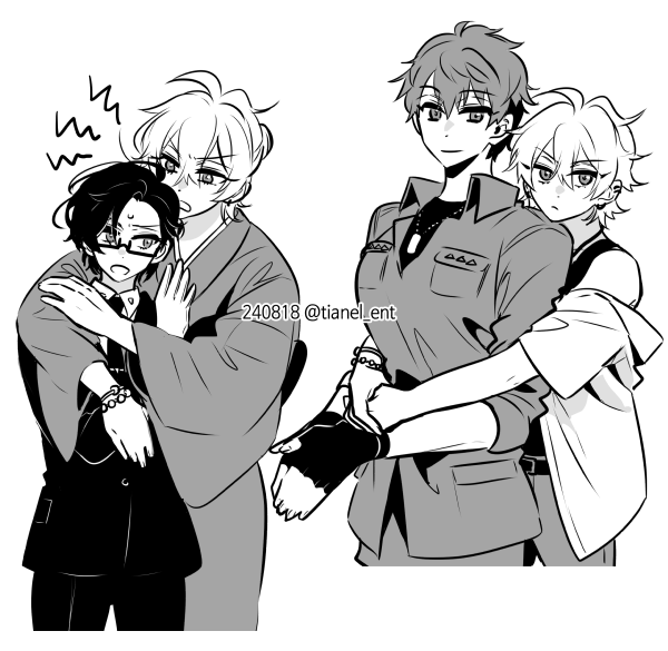 3girls, ahoge, annoyed, aohitsugi_samatoki, artist_name, bracelet, busujima_mason_rio, collared_shirt