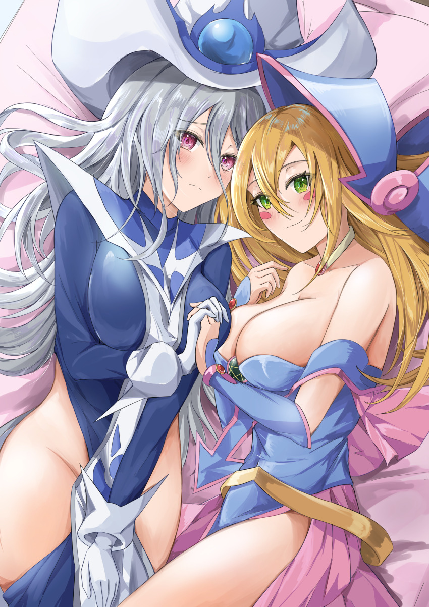 2girls, absurdres, bed, blonde_hair, blue_dress, blue_hat, blush, breasts