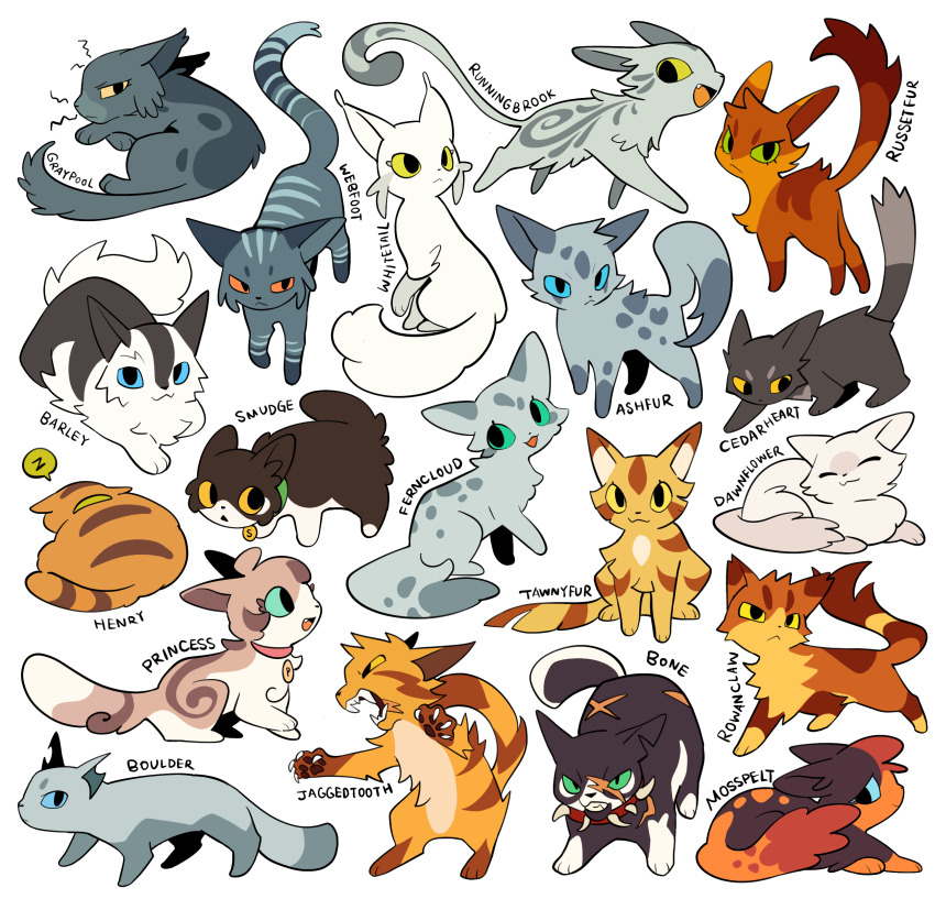 absurdres, animal_focus, aqua_eyes, ashfur, barley_(warrior_cats), blue_eyes, bone_(warrior_cats), boulder_(warrior_cats), brown_cat, cat, cedarheart, character_name, chibi, chibi_only, chinese_commentary, claws, closed_eyes, collar, commentary_request, dawnflower, everyone, ferncloud, green_eyes, grey_cat, greypool, henry_(warrior_cats), highres, jaggedtooth, mosspelt, no_humans, orange_cat, orange_eyes, princess_(warrior_cats), rearing, rehtaef, rowanclaw, runningbrook, russetfur, scar, simple_background, smudge_(warrior_cats), tail, tawnyfur, the_prophecies_begin, tortoiseshell_cat, warrior_cats, webfoot, white_background, white_cat, whitetail_(warrior_cats), yellow_cat, yellow_eyes