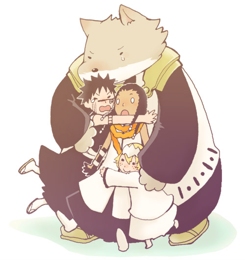 4boys, bleach, dark_skin, hisagi_shuuhei, hug, komamura_sajin, male_focus, multiple_boys