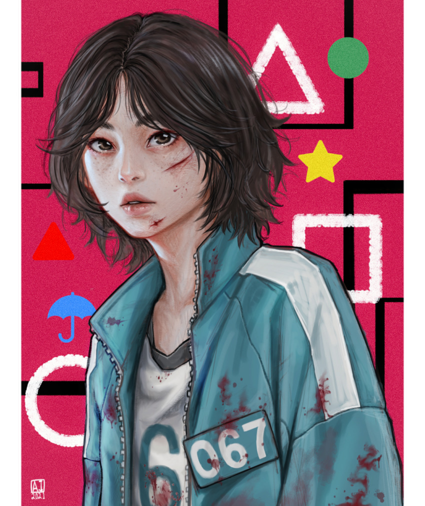 1girl, 2021, absurdres, ai_shou, artist_name, black_hair, commentary, dark_skin, english_commentary, freckles, highres, jacket, kang_sae-byeok, open_clothes, pillarboxed, short_hair, solo, squid_game, star_(symbol), umbrella_print