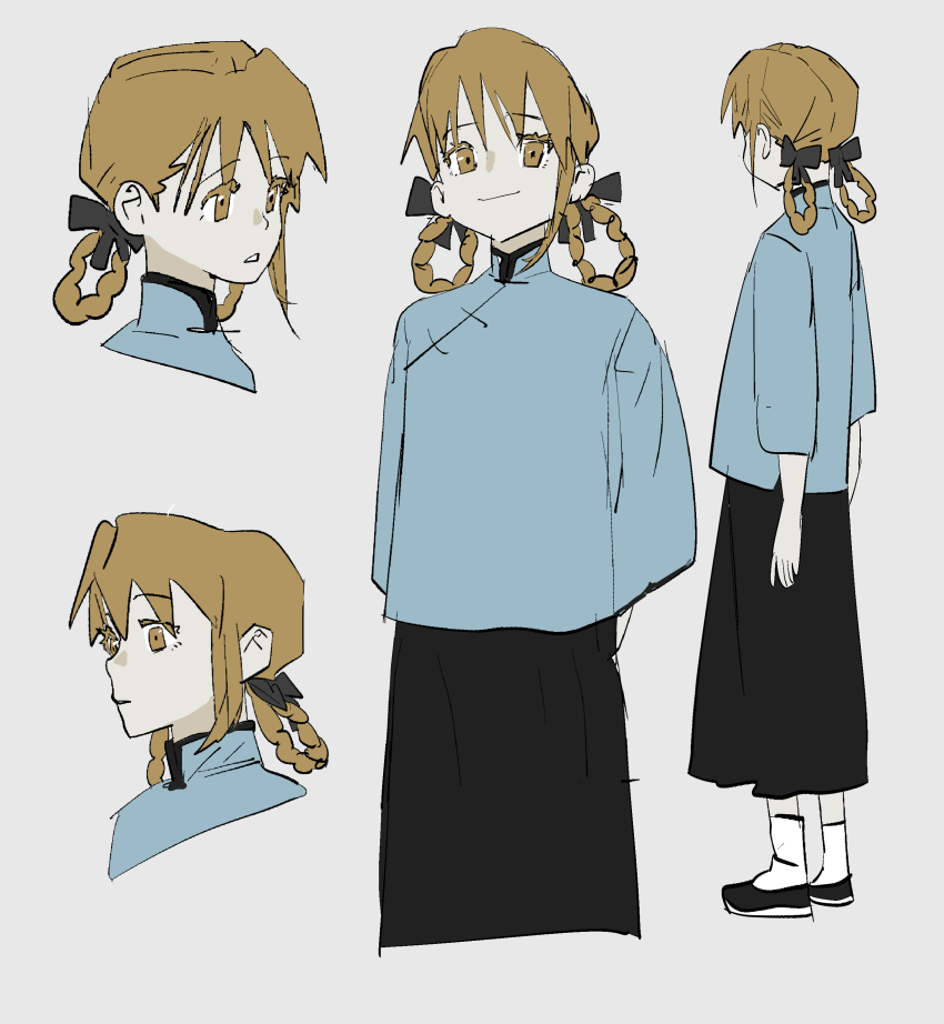 1girl, absurdres, ankle_socks, black_skirt, blue_shirt, braid, braided_hair_rings, brown_eyes