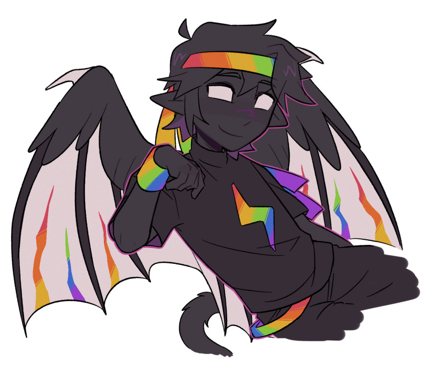 1boy, ahoge, bat_wings, black_hair, black_shirt, black_skin, chinese_commentary, colored_skin