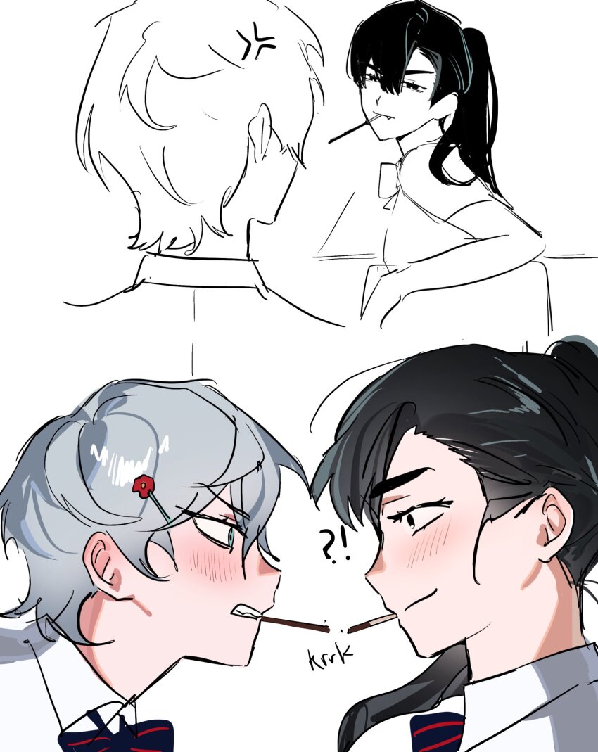 !?, 2girls, alien_stage, anger_vein, black_eyes, black_hair, blush, bow, bowtie, collared_shirt, commentary, diagonal-striped_bow, diagonal-striped_bowtie, diagonal-striped_clothes, fang, food, food_in_mouth, genderswap, genderswap_(mtf), green_eyes, grey_hair, hair_between_eyes, hair_ornament, hairclip, high_ponytail, highres, ivan_(alien_stage), long_hair, multiple_girls, nikuman_0bun, pocky, pocky_in_mouth, ponytail, shirt, short_hair, striped_bow, striped_bowtie, striped_clothes, untranslatable_commentary, till_(alien_stage), very_short_hair, white_shirt, yuri