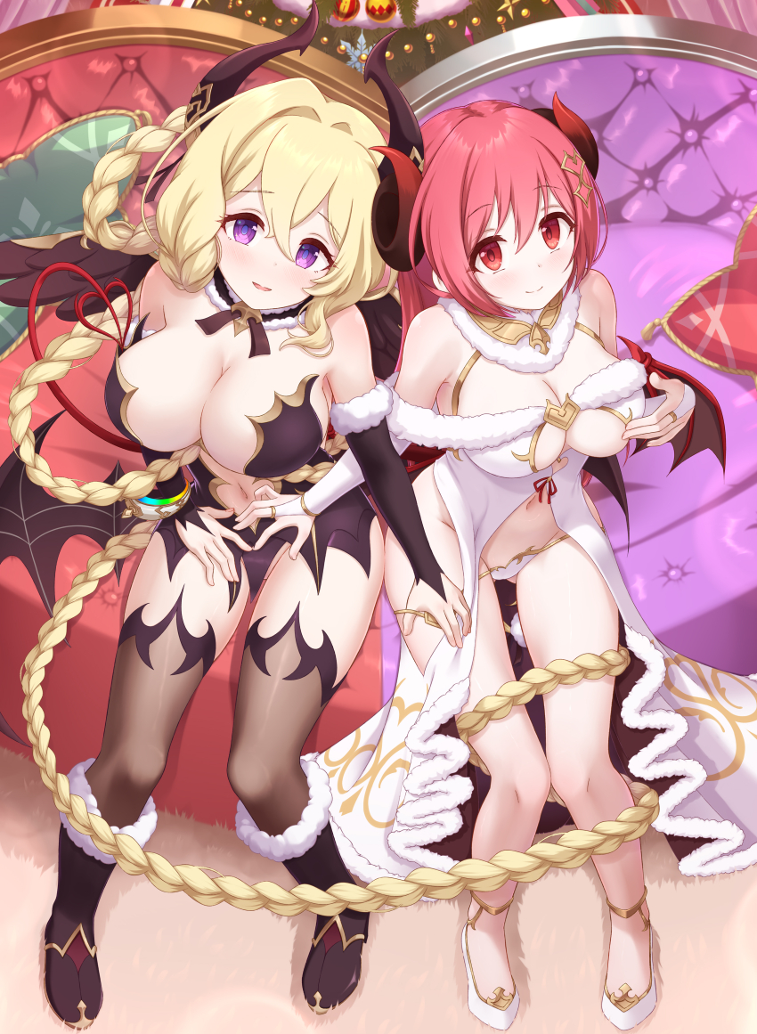 2girls, absurdly_long_hair, absurdres, bare_shoulders, bat_wings, black_dress, black_wings, blonde_hair, boots, braid, braided_hair_rings, breasts, bridal_gauntlets, brown_thighhighs, brown_wings, cleavage, clothing_cutout, demon_girl, demon_horns, demon_tail, demon_wings, dress, feathered_wings, fur-trimmed_boots, fur-trimmed_collar, fur-trimmed_dress, fur_trim, gplnbeat, hair_between_eyes, hair_ornament, hair_rings, high_heel_boots, high_heels, highres, horns, io_(christmas)_(princess_connect!), io_(princess_connect!), large_breasts, long_hair, looking_at_viewer, lyrael_(christmas)_(princess_connect!), lyrael_(princess_connect!), multiple_girls, navel, official_alternate_costume, open_mouth, pink_hair, princess_connect!, purple_eyes, red_eyes, red_horns, red_tail, red_wings, smile, strapless, strapless_dress, tail, thighhighs, thighhighs_under_boots, underboob_cutout, very_long_hair, white_footwear, wings