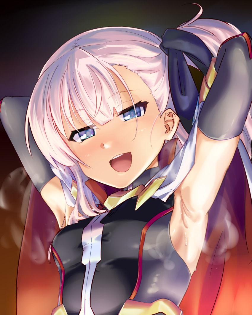 1girl, absurdres, armpits, arms_behind_head, arms_up, black_leotard, blue_eyes, blush