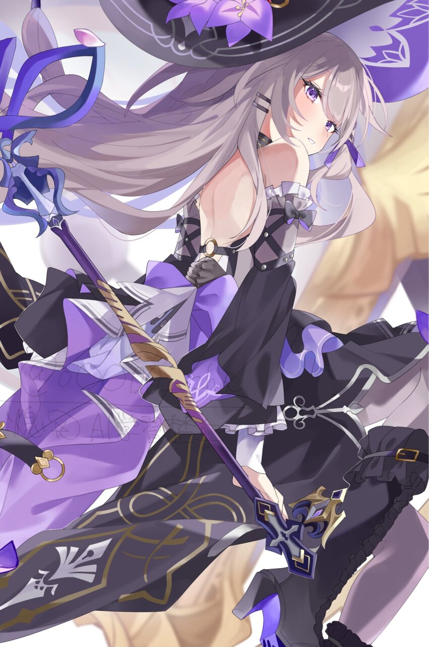 1girl, backless_dress, backless_outfit, bare_back, bare_shoulders, black_boots, black_dress, black_hat