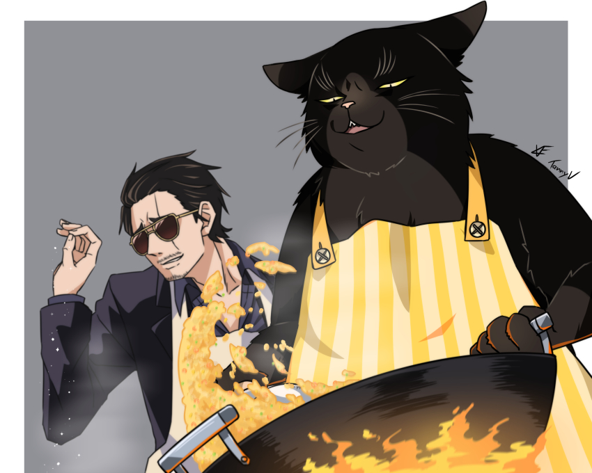 2boys, animal_ears, apron, artist_name, black_fur, black_hair, black_jacket, border