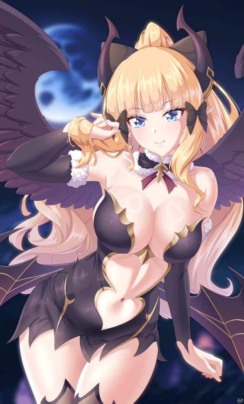1girl, absurdres, arada_(corsair_zero), bat_wings, black_bow, black_wings, blonde_hair, blue_eyes