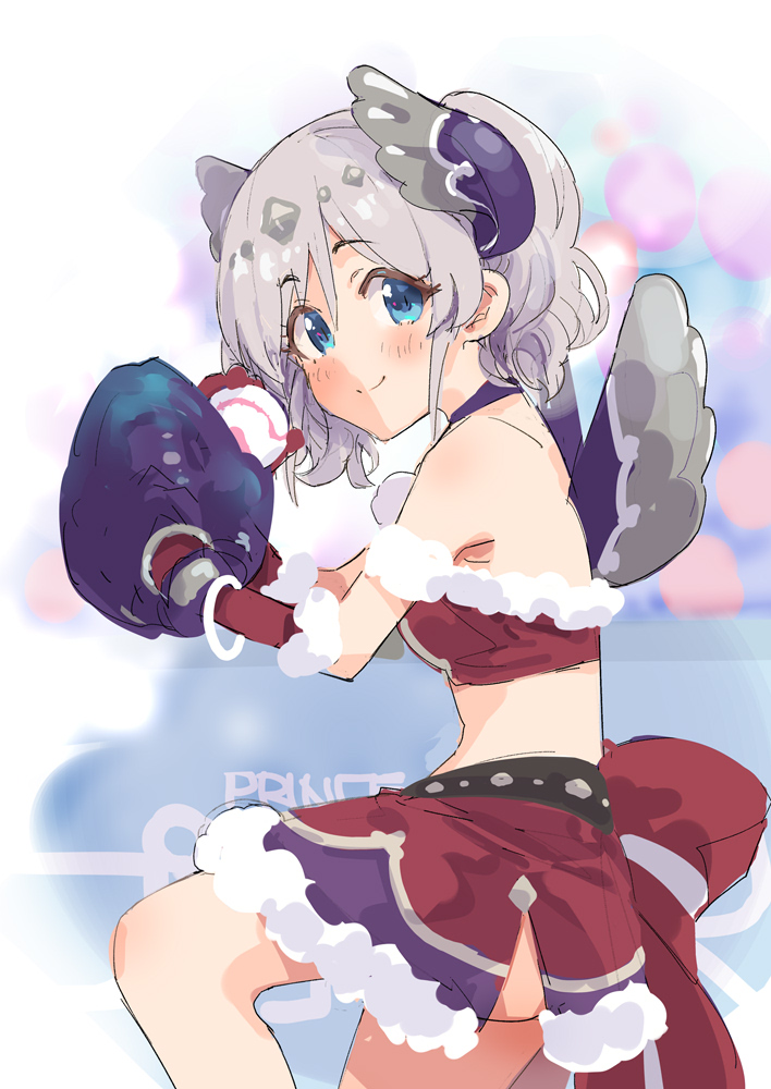 1girl, akari_(christmas)_(princess_connect!), akari_(princess_connect!), ball, bare_shoulders, baseball, baseball_(object), baseball_glove, blue_eyes, bow, breasts, fur-trimmed_skirt, fur_trim, grey_hair, head_wings, ito_ryo, medium_breasts, official_alternate_costume, pitching, princess_connect!, red_skirt, skirt, solo, striped_bow, thighs, twintails, wings