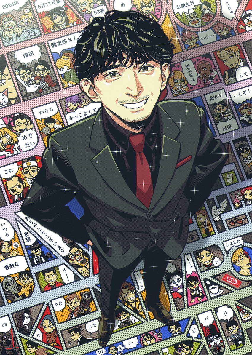 1boy, 91_days, absurdres, black_hair, black_pants, black_suit, chainsaw_man, character_request