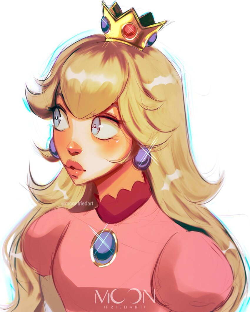 1girl, artist_name, blonde_hair, blue_eyes, breasts, brooch, crown, dress, earrings, highres, jewelry, long_hair, looking_at_viewer, mario_(series), moonfriedart, nintendo, pink_dress, princess_peach, procreate_(medium), simple_background, solo, sphere_earrings