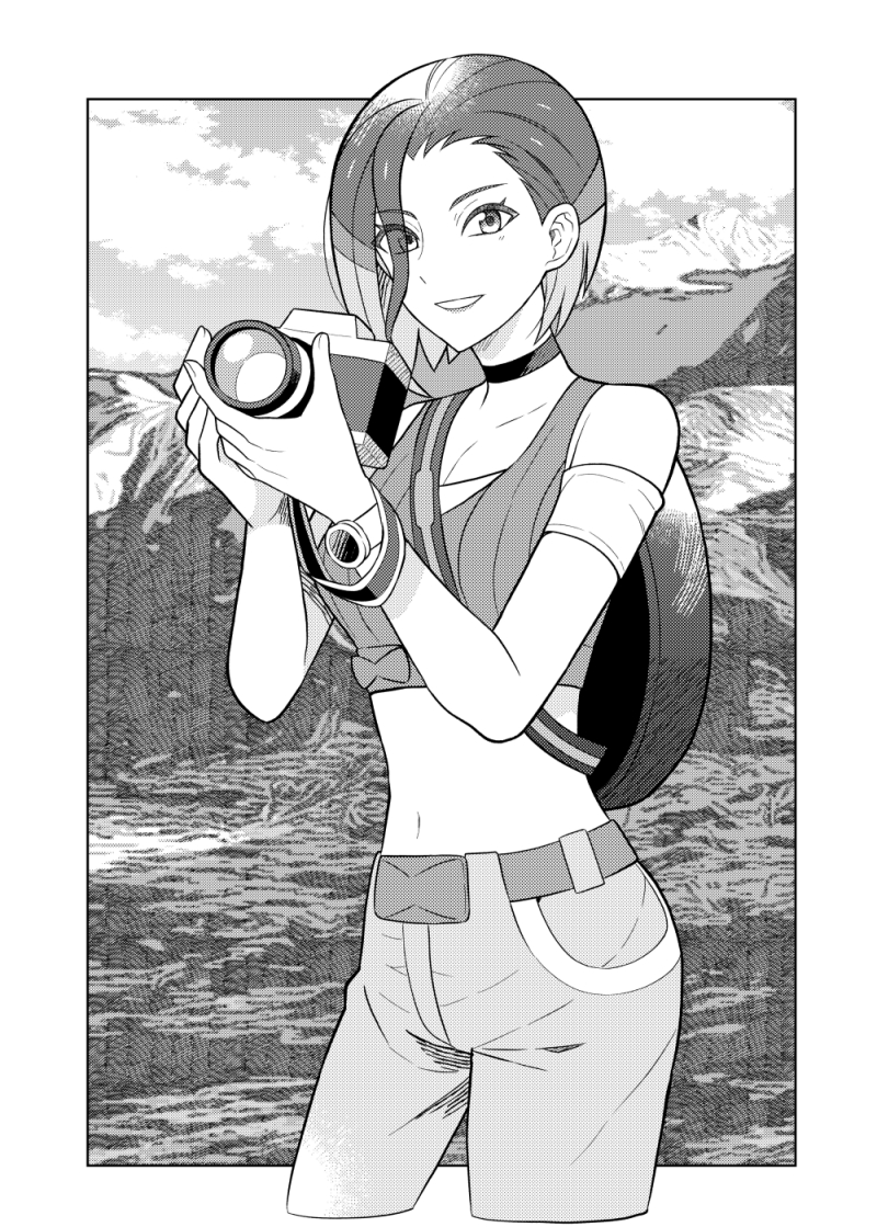 1girl, backpack, bag, breasts, camera, crop_top, greyscale, holding