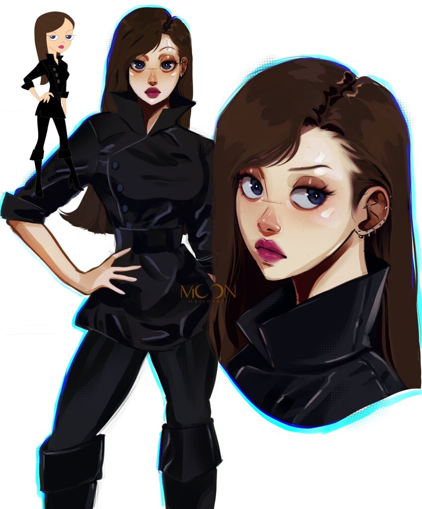 1girl, animification, black_eyeshadow, black_hair, blue_eyes, boots, breasts, brown_hair, reference_sheet, cleavage, eyeshadow, highres, lipstick, long_hair, long_sleeves, looking_at_viewer, makeup, moonfriedart, phineas_and_ferb, procreate_(medium), simple_background, solo, vanessa_doofenshmirtz