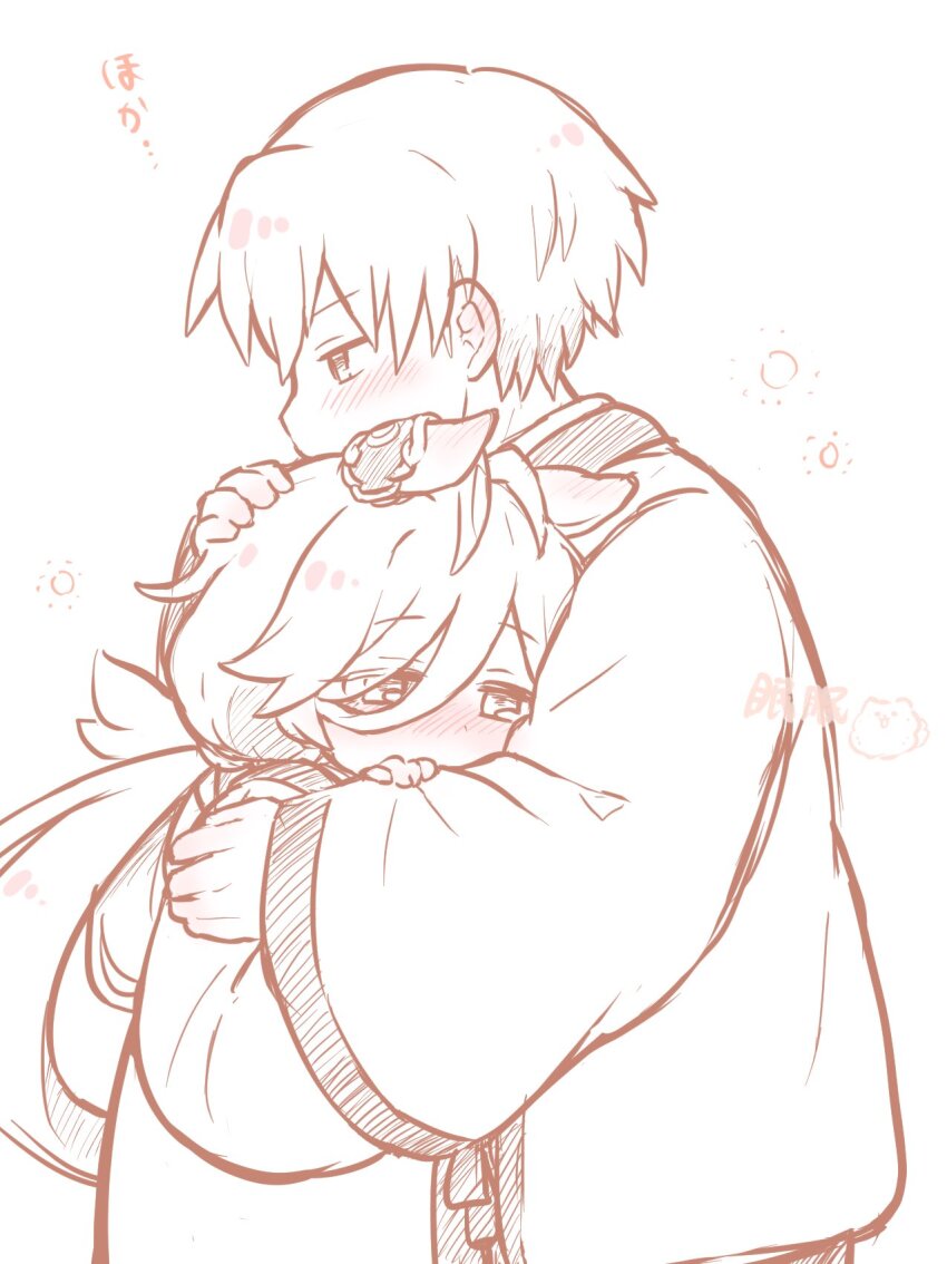 1boy, 1girl, animal_ears, blush, couple, ear_blush, hair_between_eyes, hand_on_another's_arm