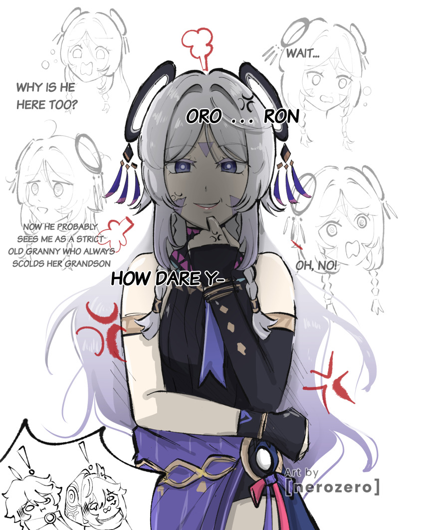 1girl, 2boys, absurdres, aether_(genshin_impact), anger_vein, artist_name, bare_shoulders, black_leotard, blue_eyes, citlali_(genshin_impact), english_text, facial_mark, genshin_impact, hair_ornament, highres, leotard, long_hair, multiple_boys, nerozero, ororon_(genshin_impact), shaded_face, upper_body, white_background, white_hair