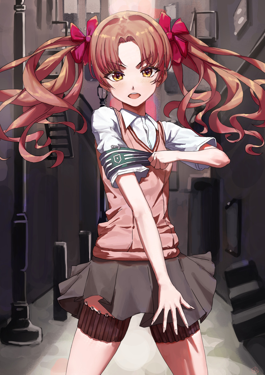 1girl, :d, absurdres, alley, armband, blush, bow, brown_eyes