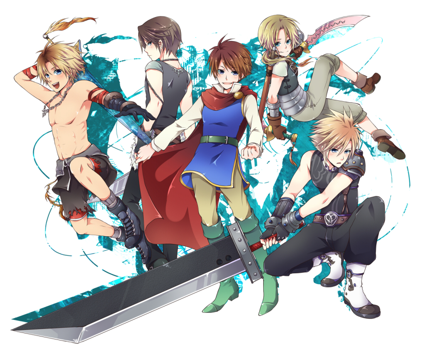 00s, 1990s_(style), 5boys, alternate_costume, amano_yoshitaka_design, bartz_klauser, blonde_hair, blue_eyes, boots, brown_hair, buster_sword, cape, cloud_strife, dagger, dissidia_012_final_fantasy, dissidia_final_fantasy, final_fantasy, final_fantasy_ix, final_fantasy_v, final_fantasy_vii, final_fantasy_viii, final_fantasy_x, gloves, in-franchise_crossover, jewelry, knife, male_focus, multiple_boys, necklace, open_mouth, ponytail, retro_artstyle, shorts, siempre, spiked_hair, squall_leonhart, sword, tidus, topless_male, weapon, zidane_tribal