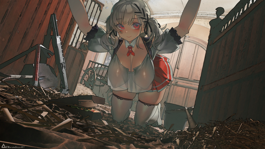 1girl, alternate_costume, arms_up, breasts, combat_shotgun, dual-mode_shotgun, girls'_frontline, girls'_frontline_2:_exilium