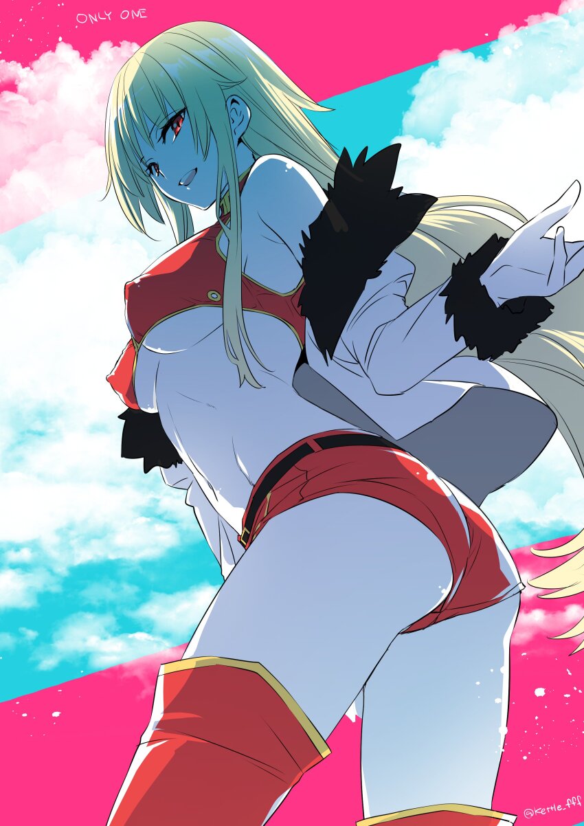 1girl, absurdres, ass, blonde_hair, breasts, commentary_request, covered_erect_nipples, crop_top