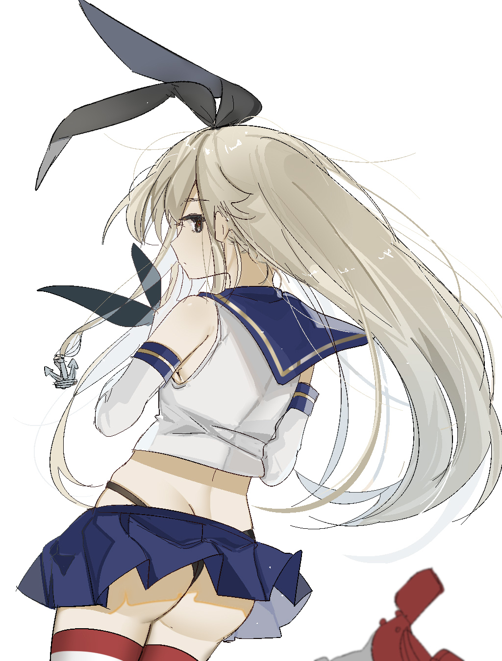 1girl, anchor_hair_ornament, ass, black_neckerchief, black_panties, blonde_hair, blue_sailor_collar, blue_skirt