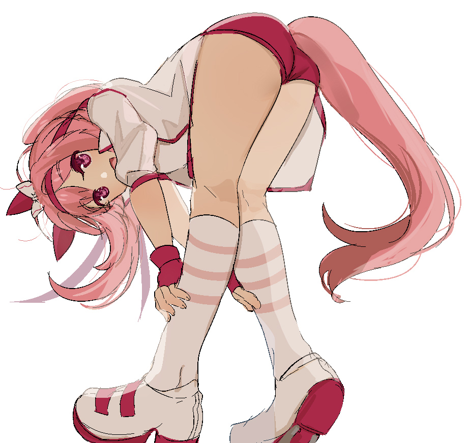 1girl, animal_ears, ass, bent_over, bow, buruma, ear_covers, fingerless_gloves, gloves, gym_uniform, haru_urara_(bestest_prize)_(umamusume), haru_urara_(umamusume), horse_ears, horse_girl, horse_tail, kaomoji_(sagor00237), kneehighs, long_hair, looking_at_viewer, open_mouth, pink_eyes, pink_hair, red_buruma, red_gloves, shirt, shoes, simple_background, socks, solo, tail, umamusume, white_background, white_bow, white_shirt