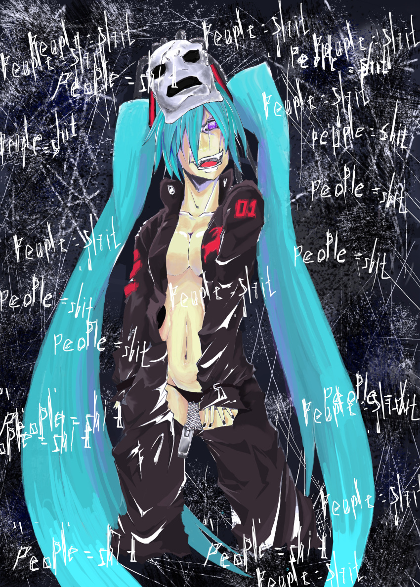 1girl, abstract_background, absurdres, aqua_hair, black_jumpsuit, black_nails, black_panties, breasts