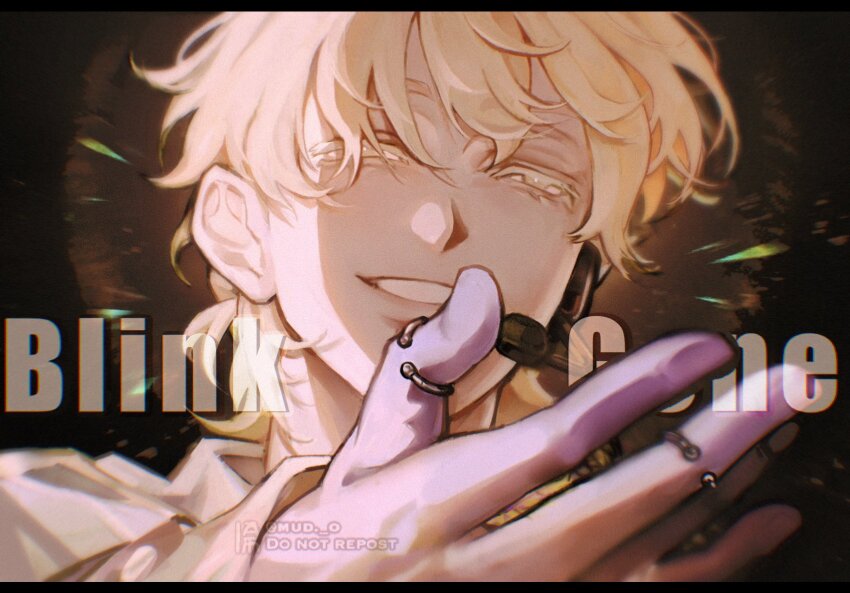 1boy, aiira_(mud_o), alien_stage, artist_name, blonde_hair, colored_extremities, commentary, english_text