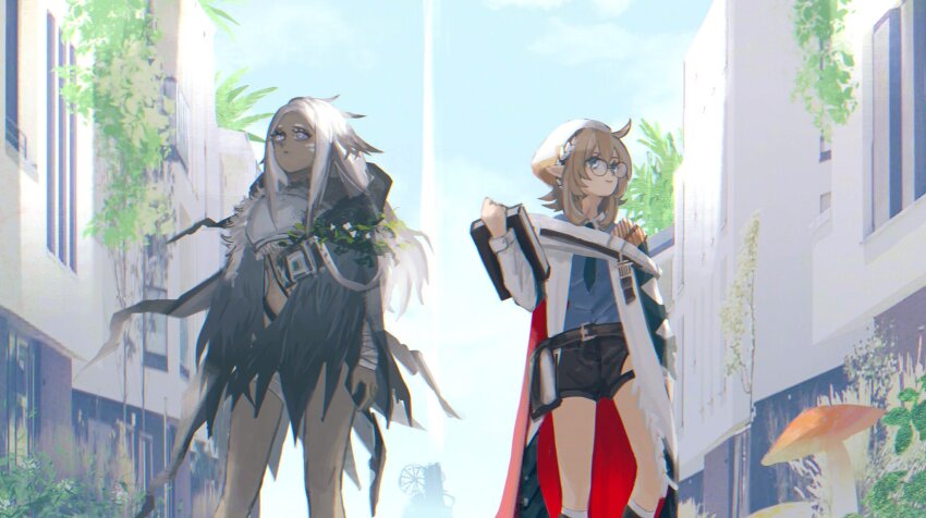 2girls, ahoge, arknights, black_necktie, black_shorts, blue_shirt, book, brown_hair