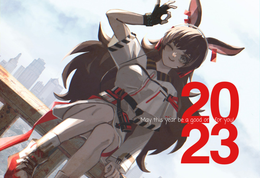 1girl, 2023, animal_ear_piercing, animal_ears, april_(arknights), arknights, arm_support, belt